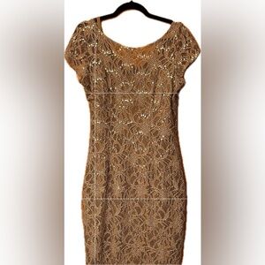 Scarlett Brand Lace Taupe/Gold with Sequins Cap Sleeve Semi-Short Dress